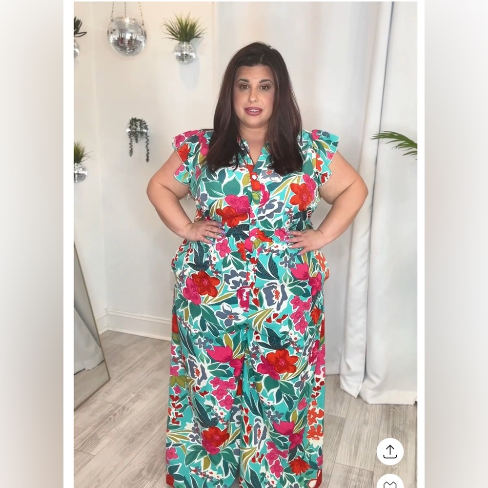 BloomChic Teal Floral Jumpsuit with Pink & Red Blooms